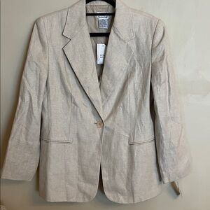 Talbots Size 10 P 100% Irish Linen Beige Blazer Long Sleeve Lined Shoulder Pads